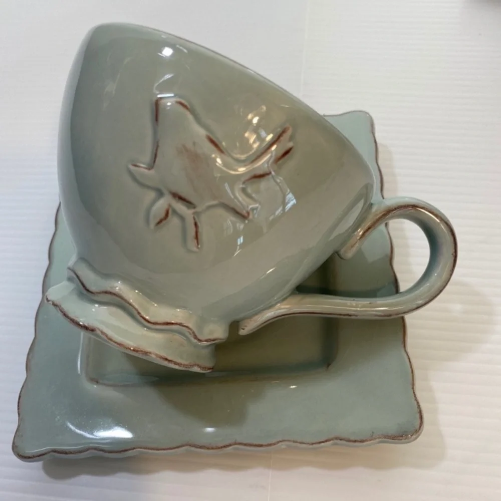 Vintage Tea Set Bird Teapot Teacup Delicate Floral Hand Painted Hand Crafted Art